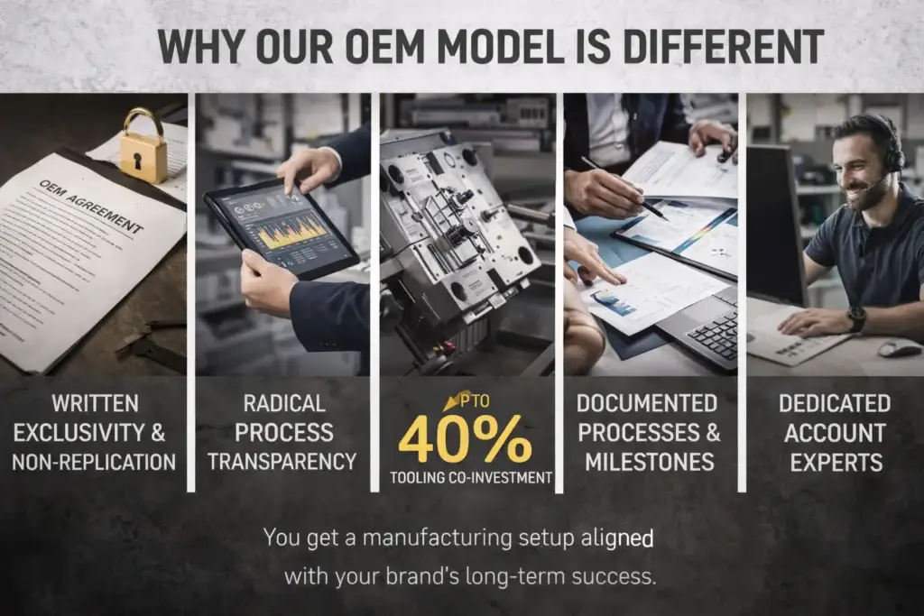 OEM plastic manufacturing model showing tooling co-investment, documented processes, quality control and dedicated account management