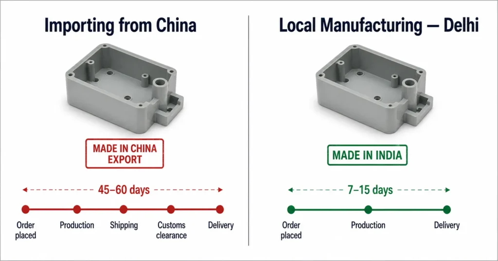import plastic from China 45 to 60 days vs local plastic manufacturing Delhi India 7 to 15 days supply chain lead time comparison — working capital cost plastic import India lead time — fast turnaround plastic manufacturer Bawana Delhi NCR — local vs import plastic parts delivery time India 2026