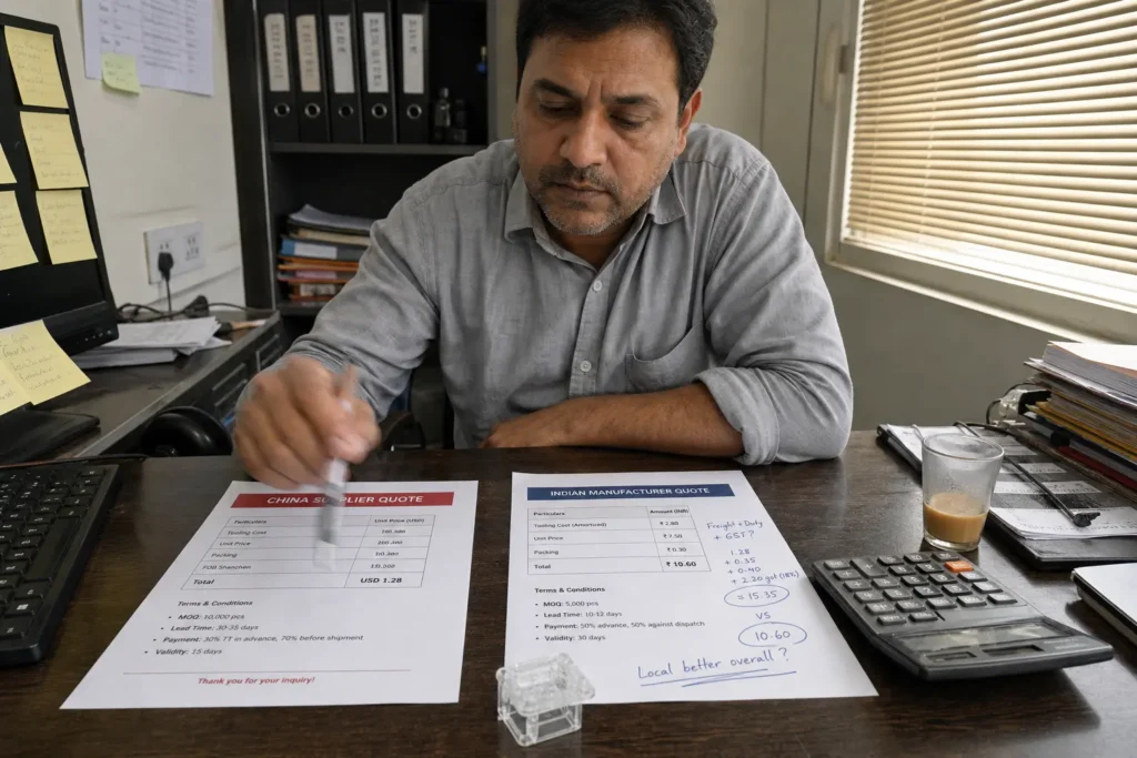 Indian plastic trader comparing import quote from China vs local plastic manufacturer quote Delhi side by side — plastic import cost analysis India vs local manufacturing rupees — OEM plastic parts sourcing decision India import or manufacture locally 2026 — InjectMould Industries Bawana Delhi transparent quote