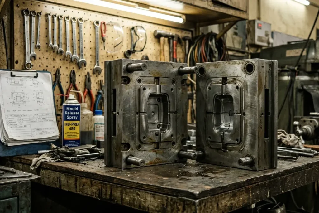 Open steel injection mould tool resting on a workshop workbench showing cavity and core halves with machining marks and technical drawings in background