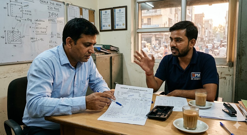 Indian client and plastic manufacturer reviewing a printed quote sheet together in a factory office in Delhi with plastic sample and chai on the table