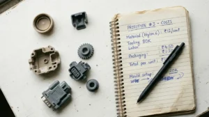Assorted industrial plastic components laid flat next to a handwritten cost calculation notepad showing per-unit pricing in Indian Rupees
