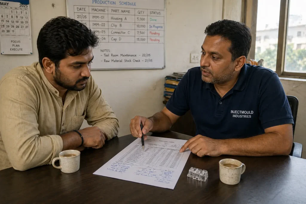 Indian plastic trader negotiating MOQ and purchase order with injection moulding manufacturer at Delhi factory office — plastic manufacturing negotiation India Bawana 2026